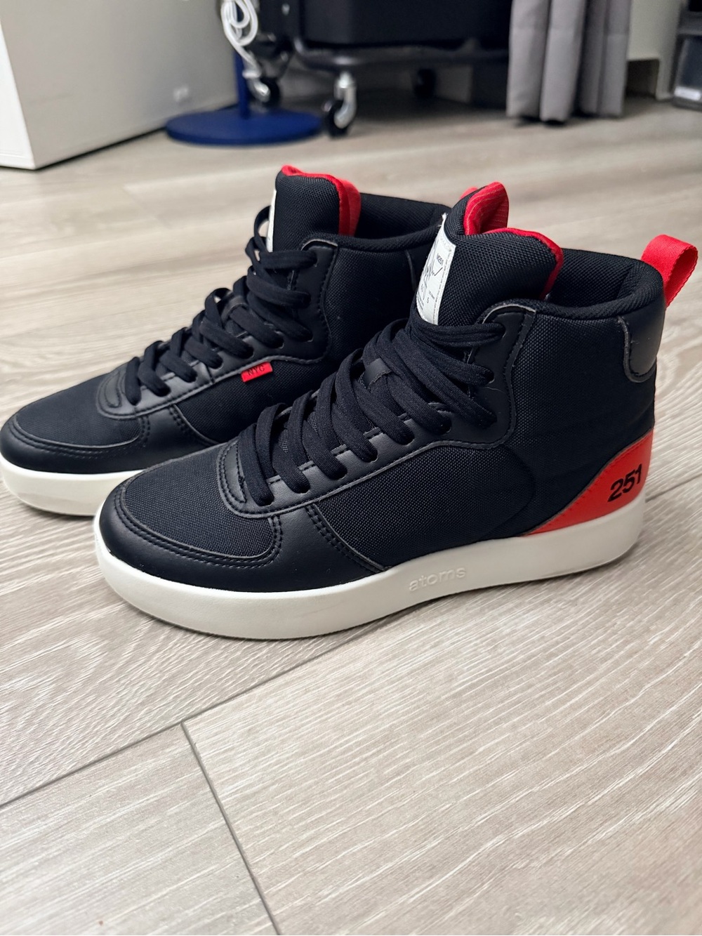 Atoms MKBHD Black High-Top Sneakers with Red Accents